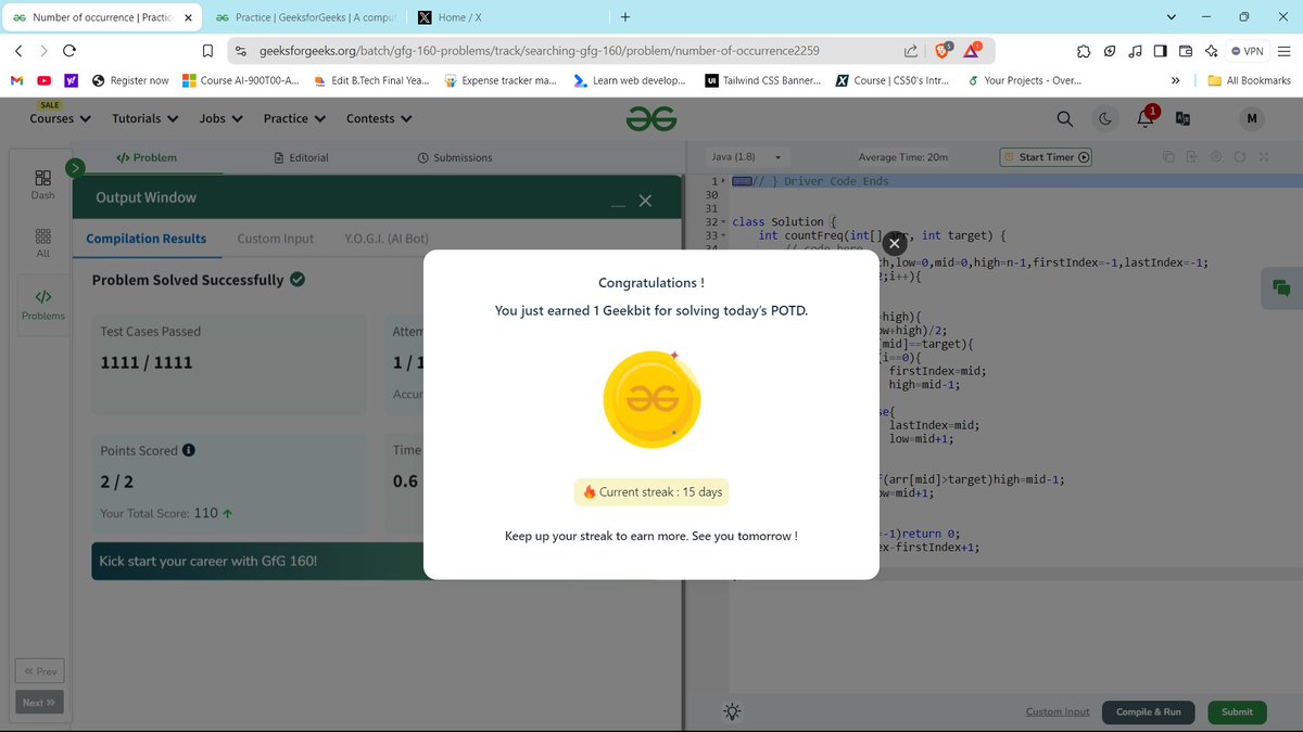 macktweet_'s tweet photo. #Day_28 of #gfg160 Challenge by
@geeksforgeeks  
Today's problem: Given a sorted array, arr[] and a number target, you need to find the number of occurrences of target in arr[].
#geekstreak2024 https://t.co/5MCXEd7j2e