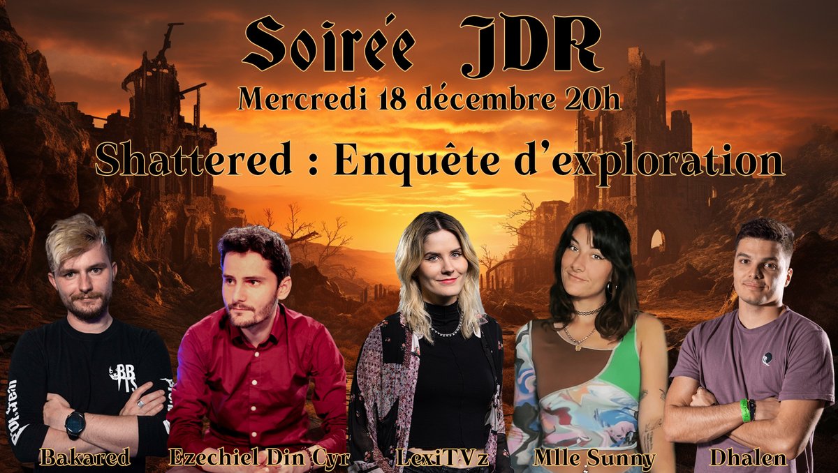 Soirée JDR - mercredi 18 décembre à 20h sur ma chaine

<a href="/bakared_/">Bakared</a> <a href="/DhalenTwitch/">Dhalen ☄️</a> et <a href="/MlleSunny/">Mlle_Sunny</a> seront mes copains d'aventure et <a href="/EzechielDinCyr/">Zec' ✧ 𝕾𝖍𝖆𝖙𝖙𝖊𝖗𝖊𝖉</a> sera le MJ pour cette soirée spéciale !!

L'ambiance sera médiévale fantasy post apo dans le monde Arabe 💫