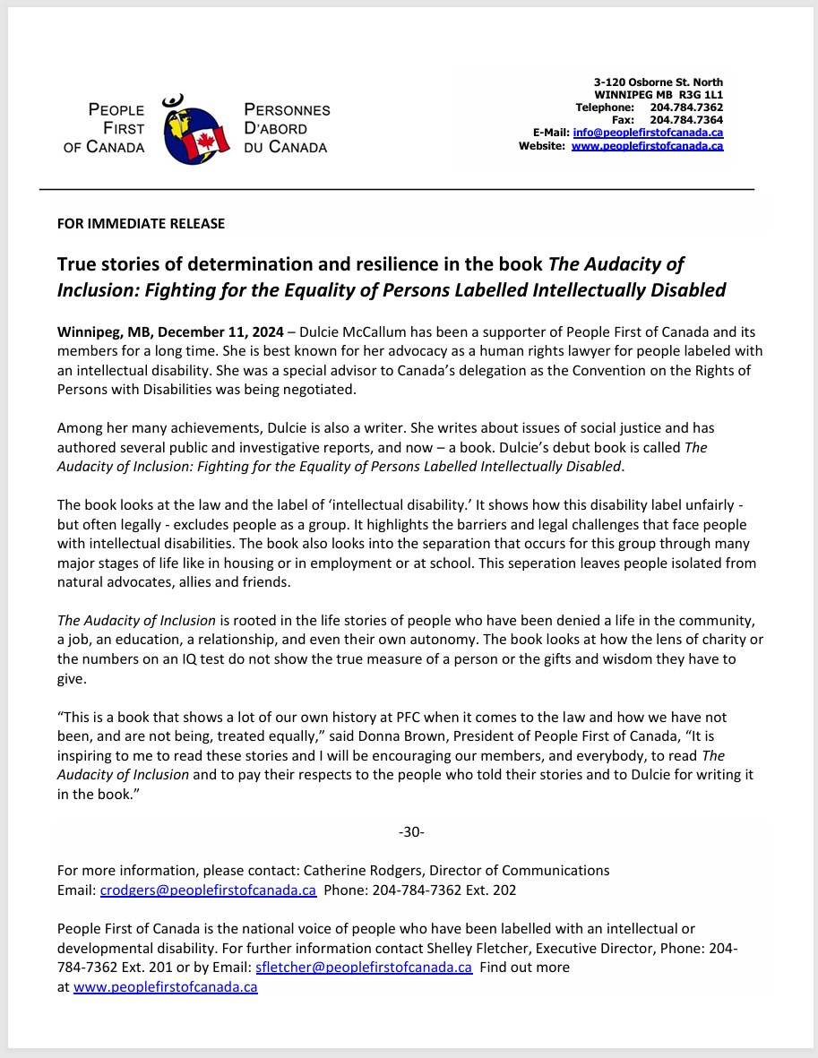 Please find below a news release from People First of Canada about a new book called “The Audacity of Inclusion: Fighting for the Equality of Persons Labelled Intellectually Disabled.”