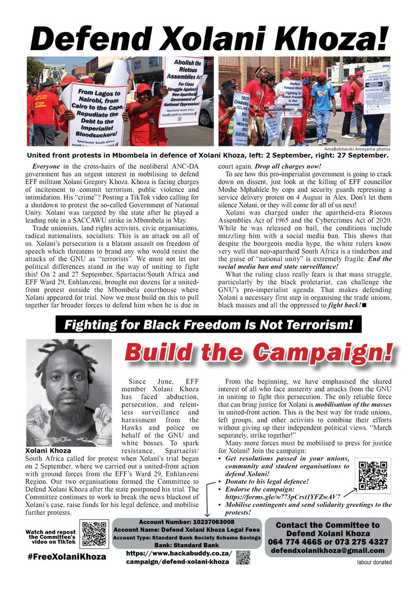 Build the Campaign! Next court appearance is 7 Feb 2025. Mobilise your membership, get solidarity statements from your unions, donate to the legal fund, Spread The Word! #FreeXolaniKhoza