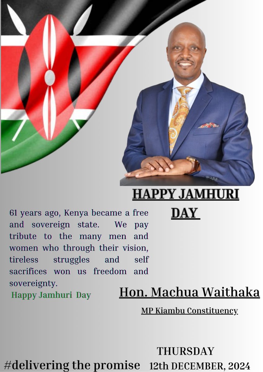 MachuaWaithaka's tweet photo. HAPPY JAMHURI DAY TO ALL KIAMBU CONSTITUENCTS. #deliveringthepromise #kazisure #machuasure #kiambuconstituency #kiambu https://t.co/RRBrwtW57d