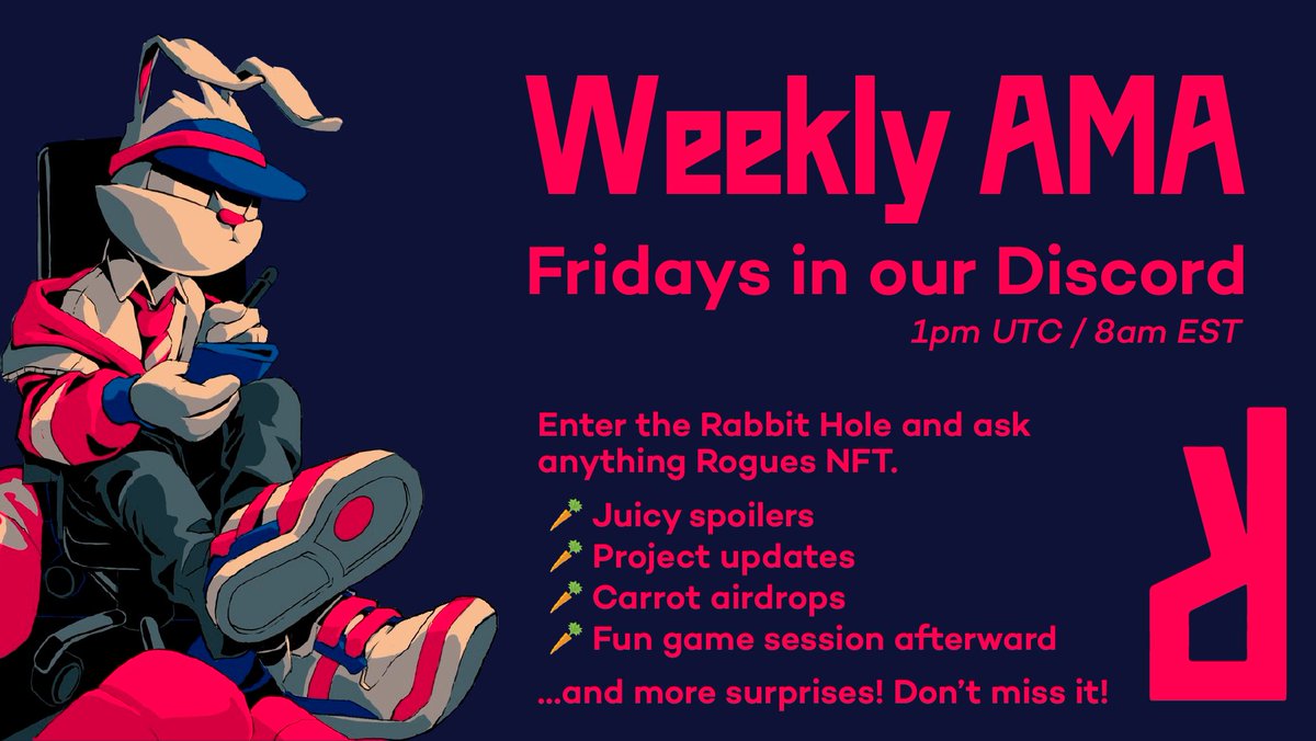 Join our Discord for our weekly AMA 📢

Happening this Friday, Dec 13th
1pm UTC / 8am EST

👉 discord.gg/roguesnft