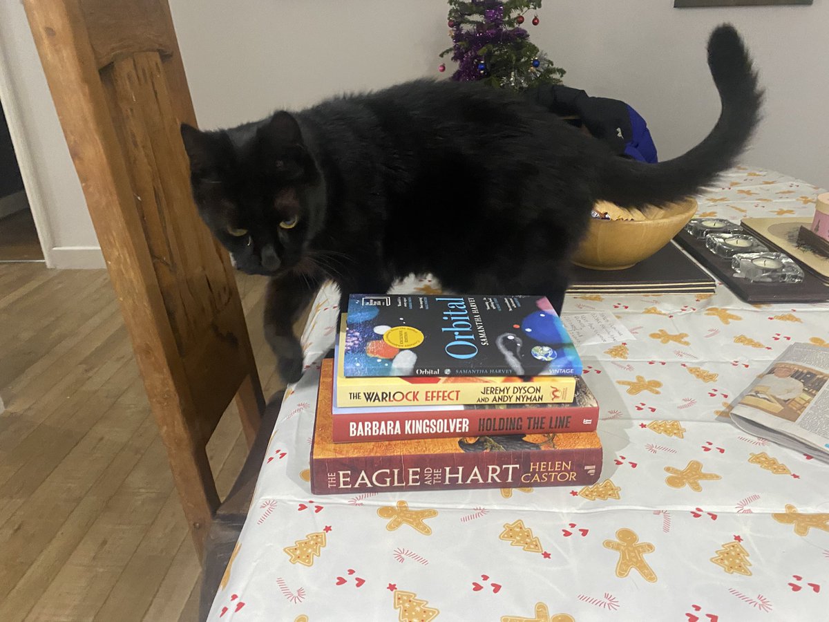 NiallFoster's tweet photo. Probably the final haul of the year gets feline approval. Feat: @hrcastor, @dysonjeremy, @andynyman, @b_kingsolver and Samantha Harvey. If books are on your Christmas shopping list I can recommend the excellent @shelflifecdf. 📚 🐈‍⬛ https://t.co/DlqTlEJU7m