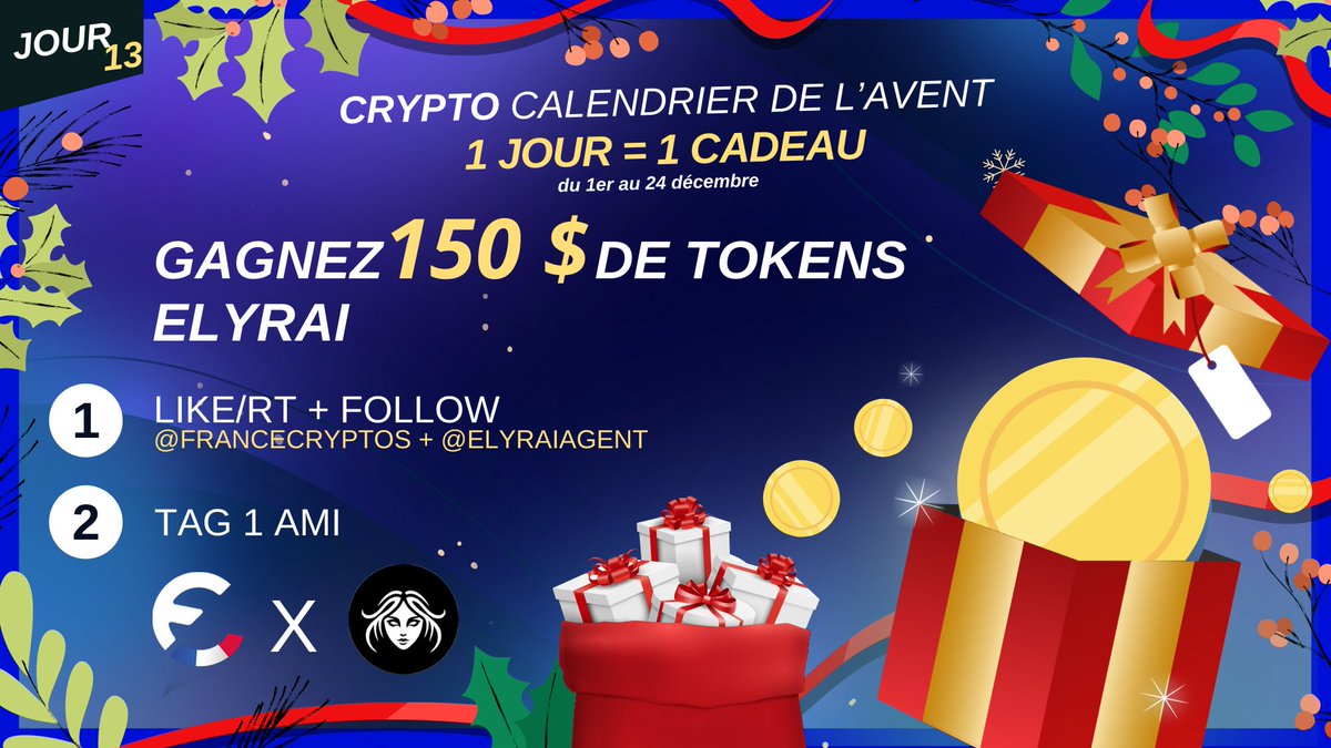 CONCOURS 🎁 #NOËL 🎄 13/24

GAGNEZ 150 $ DE TOKENS ELYRAI ! 🔥

Pour participer : 

👉 Follow <a href="/FranceCryptos/">France Cryptos 🔗</a> &amp; <a href="/ElyraiAgent/">ELYRAI</a> 
👉 @ un ami 

🗳️ TAS le 28/12

Bonne chance ! 🍀 #CryptoCalendrier