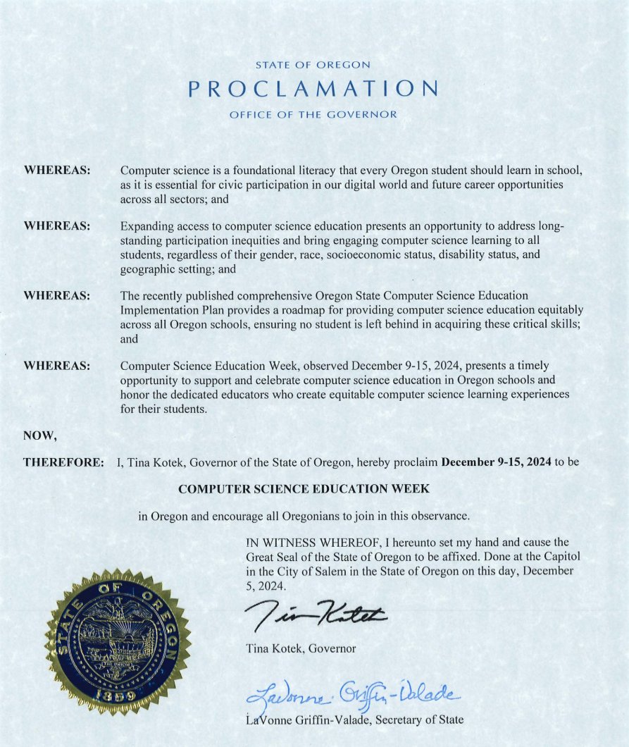 OR Dept of Education (@ordepted) on Twitter photo Thank you, <a href="/GovTinaKotek/">Governor Tina Kotek</a> for the proclamation designating this week as Computer Science Week in Oregon!
Read the proclamation: drive.google.com/file/d/1htCdHn…
Then find out more about ODE's Computer Science Implementation Plan here: oregon.gov/ode/schools-an… Thank you, <a href="/GovTinaKotek/">Governor Tina Kotek</a> for the proclamation designating this week as Computer Science Week in Oregon!
Read the proclamation: drive.google.com/file/d/1htCdHn…
Then find out more about ODE's Computer Science Implementation Plan here: oregon.gov/ode/schools-an…