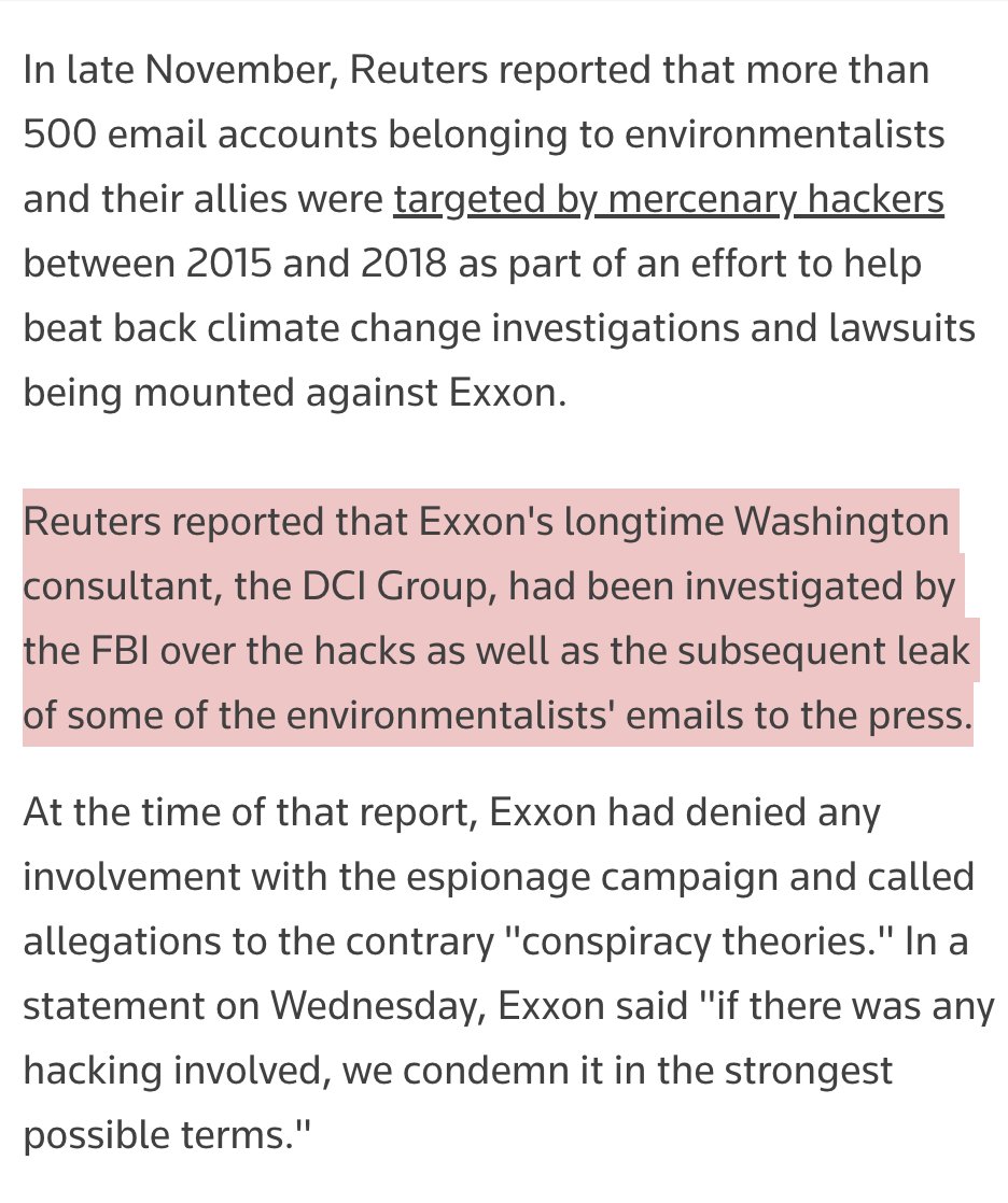 jsrailton's tweet photo. NEW: Lawmakers call for accountability over hacking of @exxonmobil's critics.

The sprawling hack & leak operation, featuring hackers-for-hire from #India was revealed by us @citizenlab & @Reuters back in 2020.

Reports are now pointing to a role for DC public relations firm @DCIGroup..

Two private spies have been arrested, with one already convicted, but environmental groups now worry that that the consequences will stop short before reaching the ultimately responsible parties.

By @razhael & @Bing_Chris Ft @SenWhitehouse, @RonWyden & @RepRoKhanna.