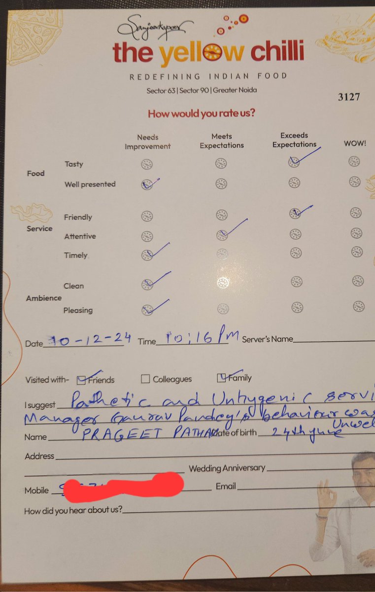 PrageetPathak's tweet photo. @TheYellowChilli @Khazanadxb @SanjeevKapoor visited Yellow Chilli Sector63 Noida with my family &amp; friends to celebrate my wedding anniversary,but it was very bad experience.Unhygienic and pathetic service,Mr Gaurav Pandey's behavior was particularly unwelcoming and unprofessional https://t.co/CZViCMmWs7