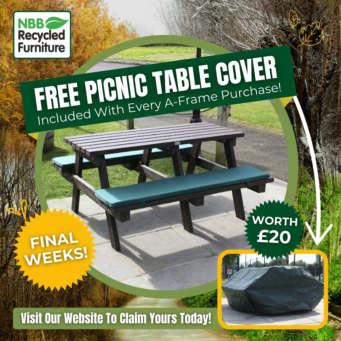 🌿✨ Special Offer on Picnic Tables! ✨🌿It's now the final weeks to shop our best-selling A-frame Picnic Table collection and receive a FREE cover with each table purchased! ⏱️

Hurry now while stocks last!
recycledfurniture.co.uk/Special-Bundle…

#NBBRecycledFurniture #TableCover #PicnicTables