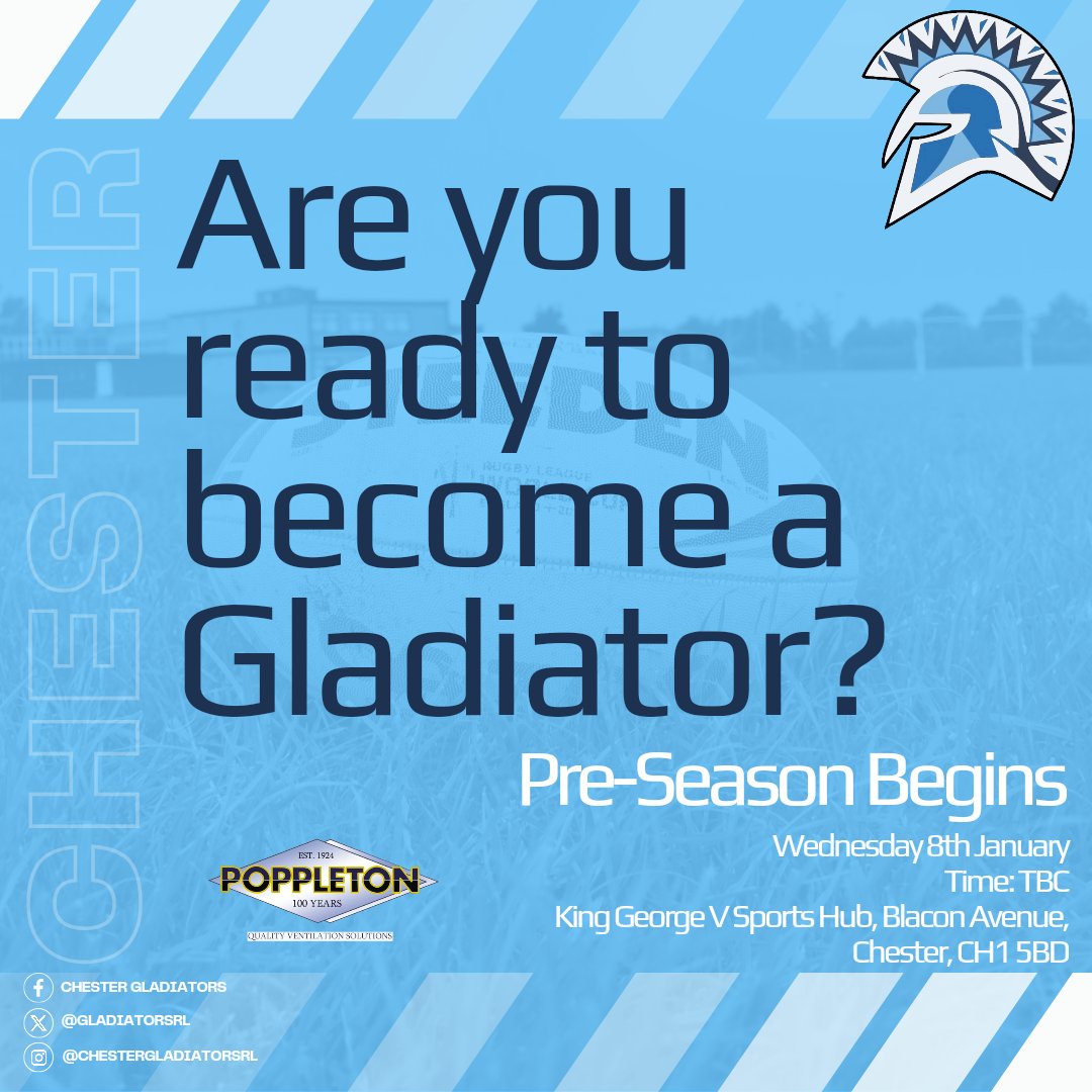 Are you ready to become a Gladiator?

Rugby League returns to Chester for 2025.

Pre season begins on Wednesday 8th January at King George V Sports Hub, Blacon, CH1 5DB.

New and returning players are welcome.

#Cestrensis