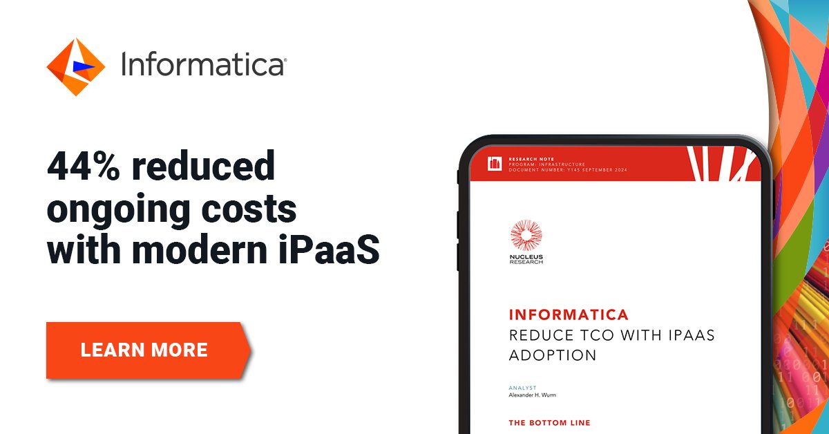 Informatica's tweet image. Need to switch from outdated to modern integration tools while cutting TCO? See how three companies did this with Informatica iPaaS, boosting productivity &amp;amp; reducing costs significantly. Get our report: infa.media/4g3Jl9z

#AppIntegration #DataIntegration