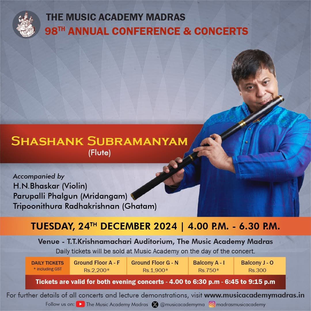 Looking forward to this one, as always. It is my 34th year at the Academy. Welcome to the concert friends!

#shashanksubramanyam #shashankflute
#musicacademy #musicacademychennai