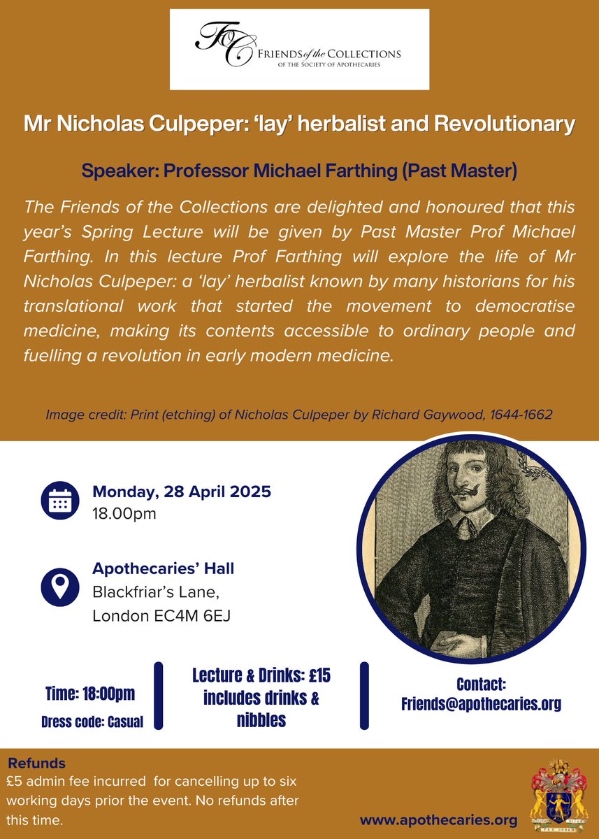 #HistMed 'Mr Nicholas Culpeper - a ‘lay’ herbalist who fuelled a revolution in early modern medicine' - a lecture by Prof Michael Farthing - join us on 28.4.25 in-person. Follow the link: ow.ly/gjTJ50UpSCY