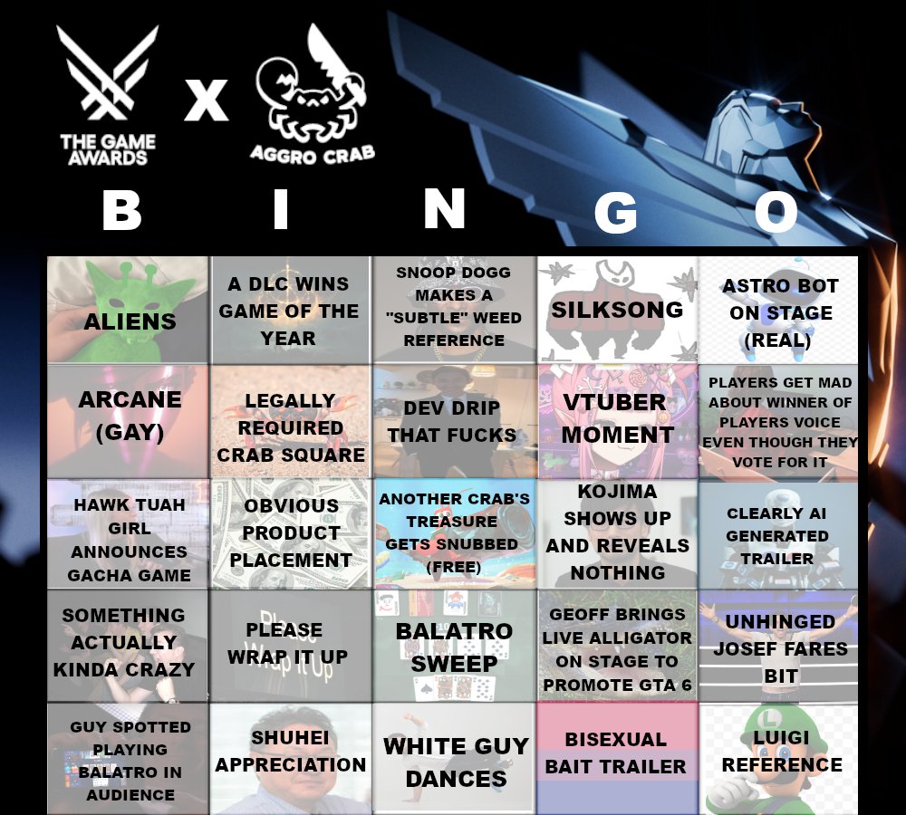 AggroCrabGames's tweet photo. PRESENTED BY AGGRO CRAB:

THE GAME AWARDS BINGO CARD 2024

play along with us or just watch the chaos‼️ https://t.co/tkfq2m9geA