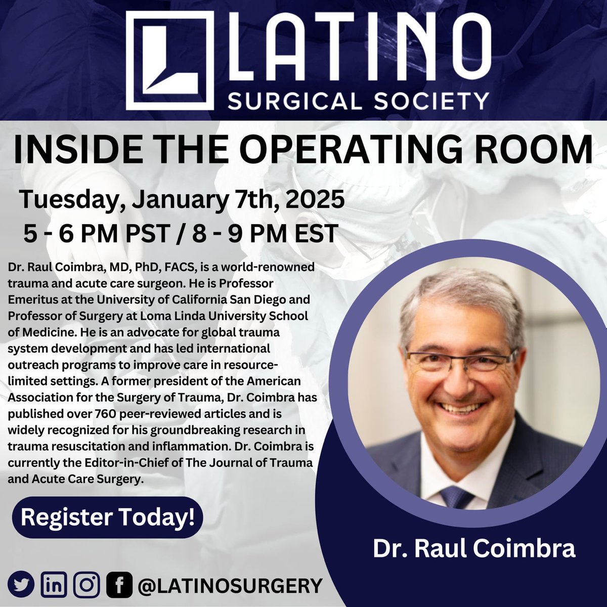 LatinoSurgery's tweet photo. Join us for the next ITOR with Dr. @RaulCoimbraMD , an expert in trauma surgery and critical care.
🗓️ Date: Jan 7th
⏰ Time: 8-9 PM EST
Registration link: https://t.co/T2dOOZ8bVH
#TraumaSurgery #ITOR https://t.co/nRIoGw6OUC