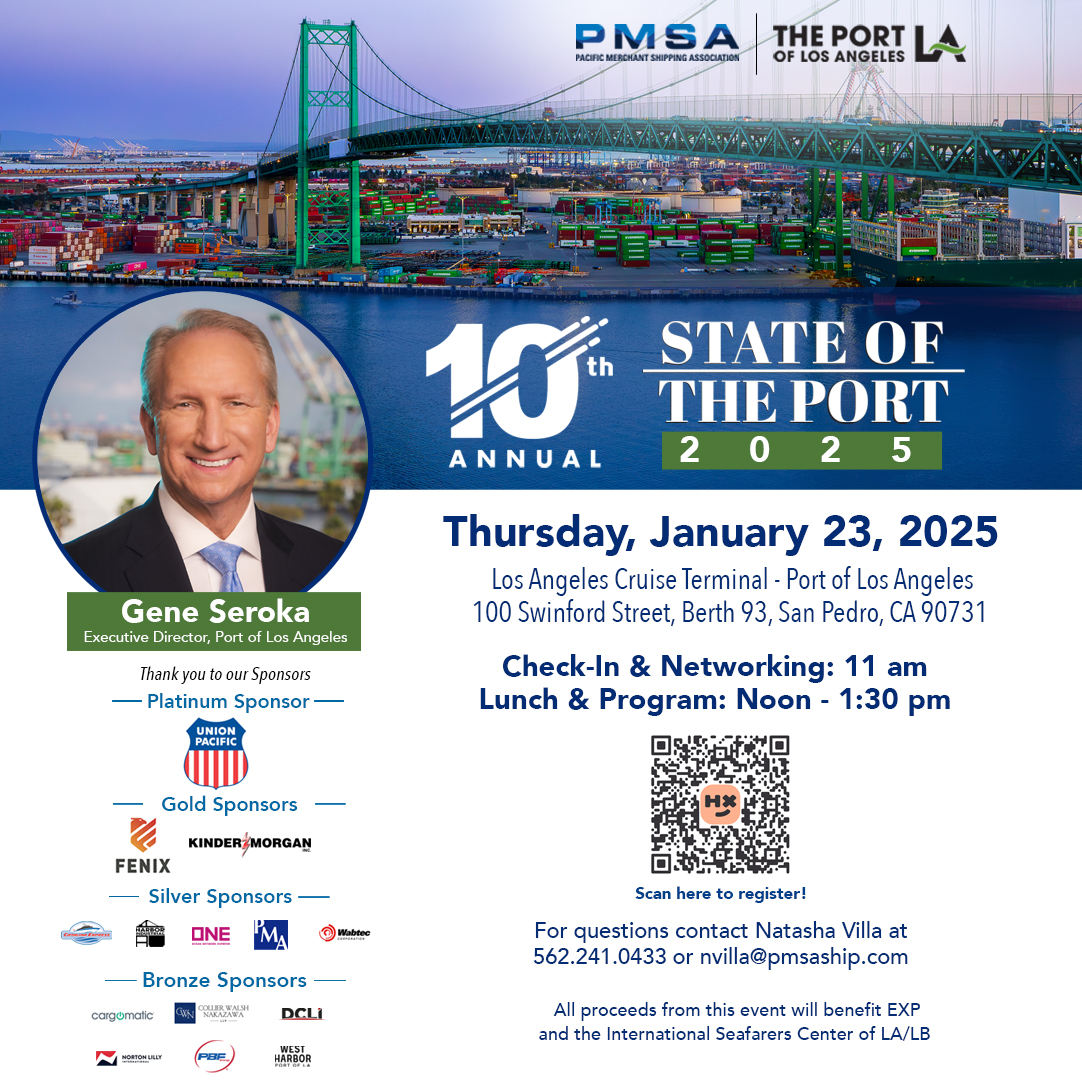 PMSAship's tweet photo. Chart Your Course for the #StateofthePort! Join us on January 23, 2025, for the @portofla's 10th Annual State of the Port Luncheon and be part of a transformative conversation about the future of global trade. Grab your tickets now: https://t.co/FLdnFpAolI
#SOTPLA25 https://t.co/Wy7XNm3LKV