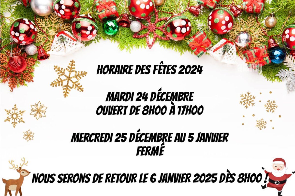 𝐇𝐨𝐫𝐚𝐢𝐫𝐞 𝐝𝐞𝐬 𝐅𝐞̂𝐭𝐞𝐬

Nos portes 𝐟𝐞𝐫𝐦𝐞𝐫𝐨𝐧𝐭 𝐥𝐞 𝟐𝟒 𝐝𝐞́𝐜𝐞𝐦𝐛𝐫𝐞 𝐚̀ 𝟏𝟕𝐡𝟎𝟎 𝐩𝐨𝐮𝐫 𝐥𝐚 𝐩𝐞́𝐫𝐢𝐨𝐝𝐞 𝐝𝐞𝐬 𝐅𝐞̂𝐭𝐞𝐬. 𝐍𝐨𝐮𝐬 𝐬𝐞𝐫𝐨𝐧𝐬 𝐝𝐞 𝐫𝐞𝐭𝐨𝐮𝐫 𝐩𝐨𝐮𝐫 𝐯𝐨𝐮𝐬 𝐬𝐞𝐫𝐯𝐢𝐫 𝐝𝐞̀𝐬 𝐥𝐞 𝐥𝐮𝐧𝐝𝐢 𝟔 𝐣𝐚𝐧𝐯𝐢𝐞𝐫 𝟐𝟎𝟐𝟓.