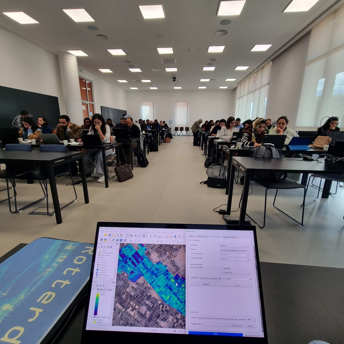 Today, I was teaching this nice diverse group of African MSc &amp; PhD students in using #QGIS, #WaPOR #OpenData and the <a href="/WAPlugin/">WAPlugin</a> to monitor agricultural water use. The course was part of the #IAHRAfricaCongress at <a href="/UM6P_officiel/">UM6P - University Mohammed VI Polytechnic</a> in Ben Guerir, #Morocco. <a href="/ihedelft/">IHE Delft 💧 Institute for Water Education</a> <a href="/WaterAccounting/">WaterAccounting</a>