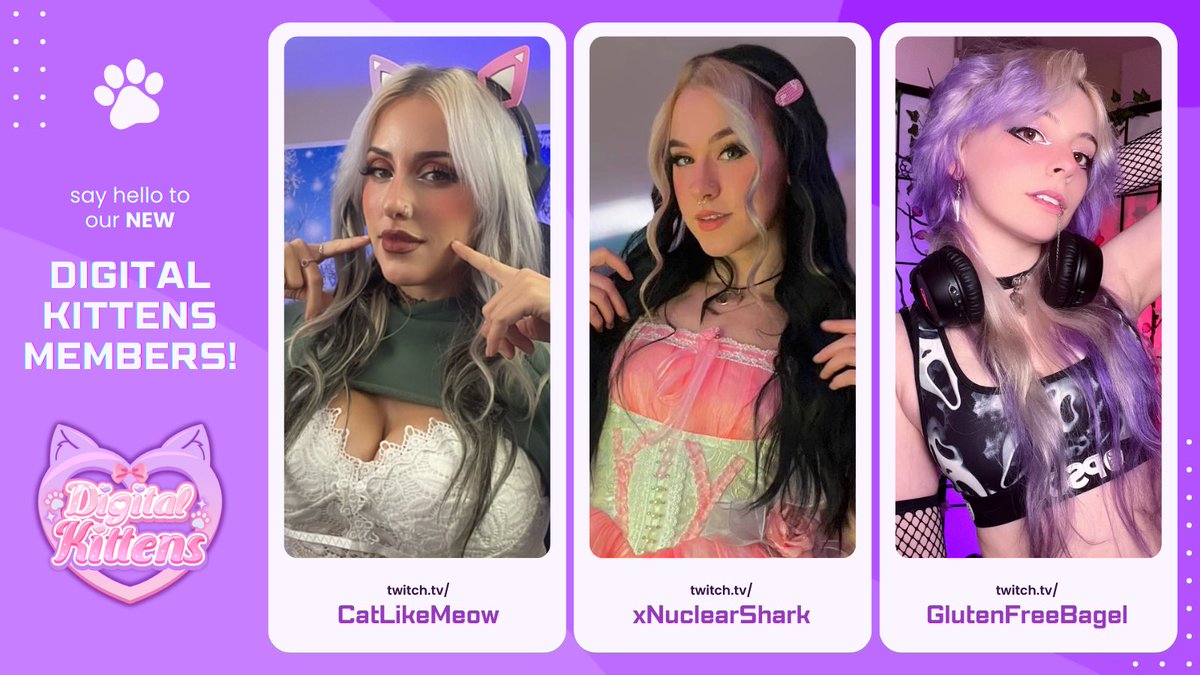 DigitalxKittens's tweet photo. It’s time to introduce our newest Digital Kittens Twitch Team members! ✨ 

⭐️Introducing
@cat_falco 
@xNuclearShark1 
@MayvisAlyce 
@its_melmie 
@anxietyishot 
@ImBriiCosplays 

We’re still accepting new members!

If you’re interested, DM us on insta for more info! 💕 https://t.co/zsLs2IQDvk