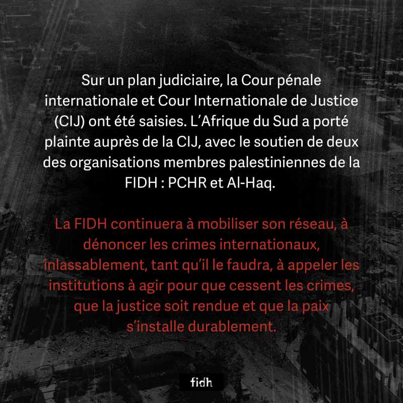 fidh_fr's tweet photo. Il y a un an, la FIDH reconnaissait qu’#Israël menait un génocide contre le peuple palestinien à #Gaza. Cette décision, fondée sur le droit international, reposait sur les témoignages de 4 organisations membres de la FIDH : @alhaq_org, @AlMezanCenter, @pchrgaza et @theCCR.