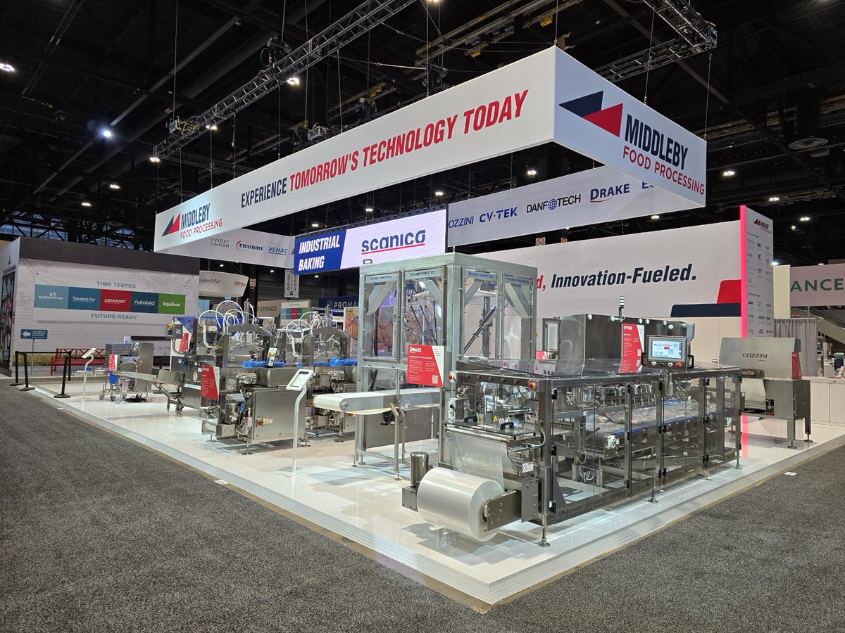 LakeshoreEx's tweet photo. @middlebycooking is still celebrating after a successful @packexposhow!  We partnered with them to deliver a clean, modern, high-energy exhibit with bold branding, a hanging video wall banner, and a glossy white raised floor. #thisismiddleby #experiencelakeshore #PackExpo2024 https://t.co/a6JVIORcLB