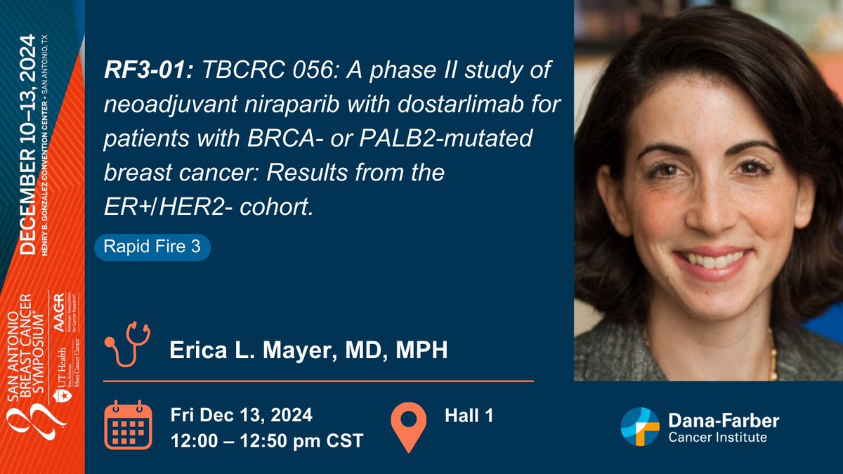Dana-Farber’s Breast Oncology Center (@dfci_breastonc) on Twitter photo Don’t miss Dr. Erica Mayer (<a href="/elmayermd/">Erica Mayer</a>) presenting results from a Phase II study on neoadjuvant niraparib with dostarlimab for patients with BRCA- or PALB2-mutated #BreastCancer, focusing on the ER+/HER2- cohort, at the #SABCS24 Rapid Fire 3 session. <a href="/TheTBCRC/">Translational Breast Cancer Research Consortium</a>
🗓️ Friday, Don’t miss Dr. Erica Mayer (<a href="/elmayermd/">Erica Mayer</a>) presenting results from a Phase II study on neoadjuvant niraparib with dostarlimab for patients with BRCA- or PALB2-mutated #BreastCancer, focusing on the ER+/HER2- cohort, at the #SABCS24 Rapid Fire 3 session. <a href="/TheTBCRC/">Translational Breast Cancer Research Consortium</a>
🗓️ Friday,