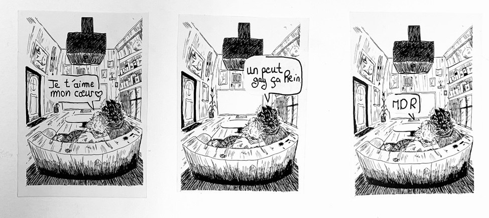 _Weelow's tweet photo. Un petit comic strip que j'ai réalisé pour les cours ! On devait en faire plusieurs avec des petits dialogues un peu absurdes. Du coup, je partage celui-ci🙃 https://t.co/skORKr5kQ2
