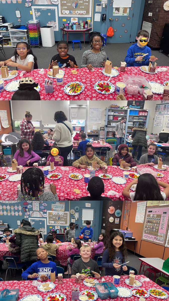 MrsOmilian's tweet photo. For our holidays around the world unit, we learned about how the tradition of building gingerbread houses came from Germany! To celebrate this, we built our own gingerbread houses today! For many students it was their first time! Check out these creative homes! @PrincipalKWayne https://t.co/1jGH5N6J0f
