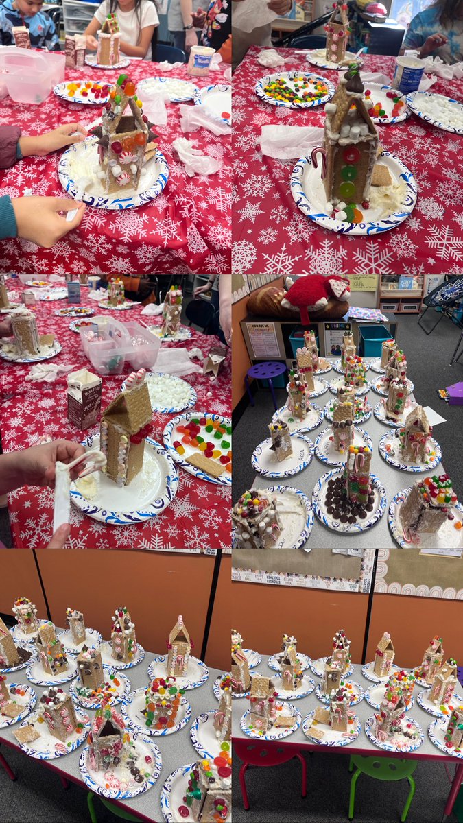 MrsOmilian's tweet photo. For our holidays around the world unit, we learned about how the tradition of building gingerbread houses came from Germany! To celebrate this, we built our own gingerbread houses today! For many students it was their first time! Check out these creative homes! @PrincipalKWayne https://t.co/1jGH5N6J0f