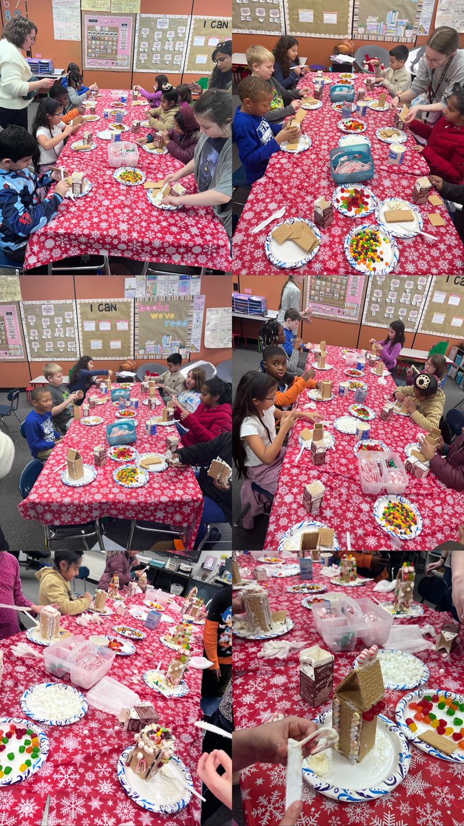 MrsOmilian's tweet photo. For our holidays around the world unit, we learned about how the tradition of building gingerbread houses came from Germany! To celebrate this, we built our own gingerbread houses today! For many students it was their first time! Check out these creative homes! @PrincipalKWayne https://t.co/1jGH5N6J0f