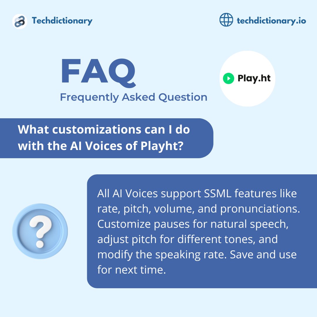 TechDictionaryy's tweet image. [FAQ] Frequently Asked Questions When Using PlayHT | Part 1  
#PlayHT #AIvoice #TechDictionary #AItools #ArtificialIntelligence #AI #EcuadorSinLuz #Ecuador #riyadh #Rajinikanth #RutoLiesAllTheTime #TheGameAwards #ThisMorning #ypotheseis