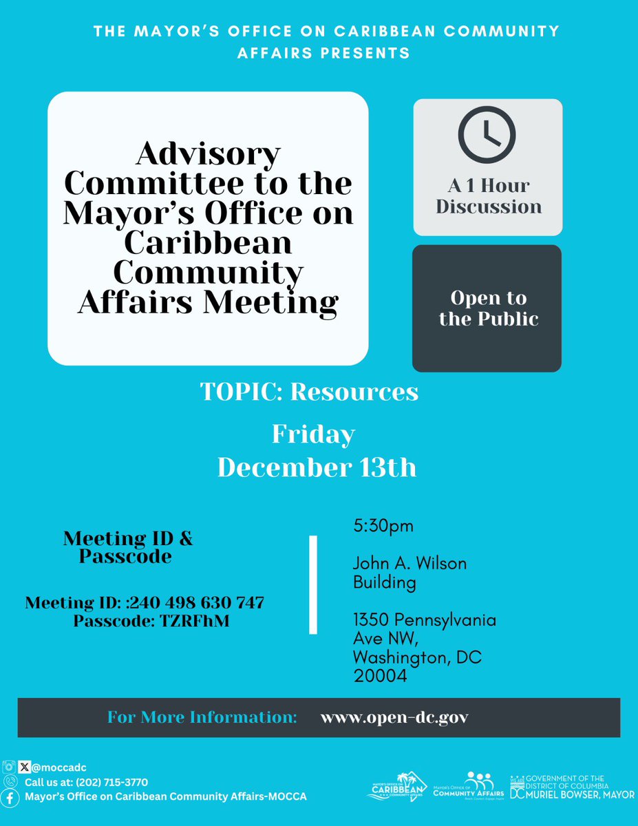 MOCCADC's tweet photo. We’re excited for the upcoming ACOCCA quarterly meeting! This session will focus on valuable resources, as we share insights and strategies to empower our community. Join us for an inspiring and informative gathering!

🗓️: Dec 13th
🕛 : 5:30pm
📍: John A. Wilson Building https://t.co/lugd2qUpT7