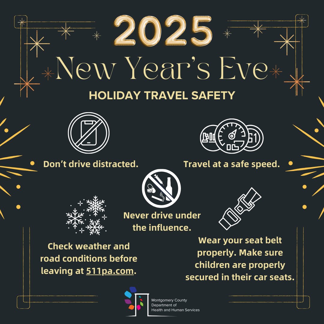 Happy New Year’s Eve, Montco! As you begin to plan your travels for the celebration of the #NewYear, check out these travel tips to keep you &amp; everyone on the road safe. Visit montgomerycountypa.gov/carseatcheck to get your car seat checked

#OperationSafeHoliday2024 #PASafeHoliday #BeSafePA