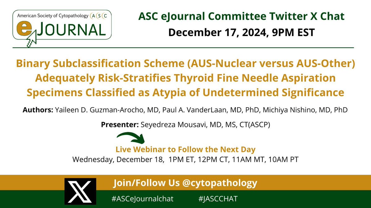 Join us on December 17 &amp; 18, for an engaging and informative eJournal Webinar and Twitter/X chat. Don't miss this opportunity to expand your knowledge, Register now for this free webinar!
Register -buff.ly/4fVxdHm 
#cyto #cyotpath