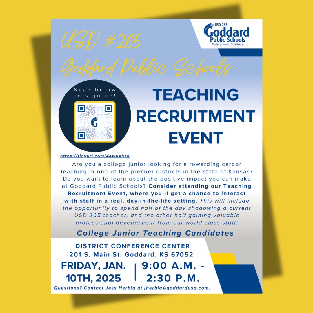 K-State College of Ed (@ksucollegeofed) on Twitter photo Calling all college juniors! Join us at the Goddard Public Schools Teaching Recruitment Event! Dive into a day filled with real-life experiences: shadow an inspiring USD 265 teacher & enhance your skills with our top-notch staff. <a href="/USD265_Goddard/">USD 265 - Goddard Public Schools</a> Calling all college juniors! Join us at the Goddard Public Schools Teaching Recruitment Event! Dive into a day filled with real-life experiences: shadow an inspiring USD 265 teacher & enhance your skills with our top-notch staff. <a href="/USD265_Goddard/">USD 265 - Goddard Public Schools</a>