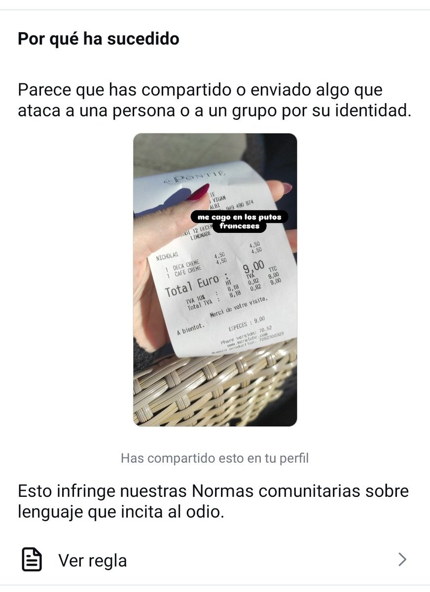 Writerbydreams's tweet photo. me han borrado un storie por decir putos franceses (2 cafés: 9 euros)
#NoALaCensura https://t.co/em23Cc6UDy