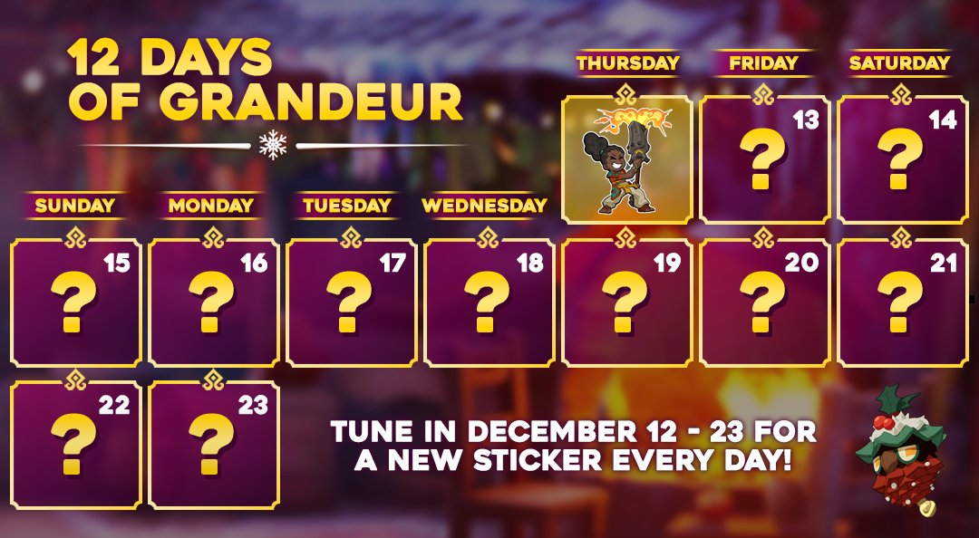Towerborne's tweet photo. Announcing the ✨12 Days of Grandeur✨sticker spectacular! 

Starting today until Dec 23, log into Towerborne and collect a sticker each day for your collection! 🎁 

This Pyroclast is kicking this holiday celebration off with a BANG! 💣 https://t.co/MsG7o5pIC4