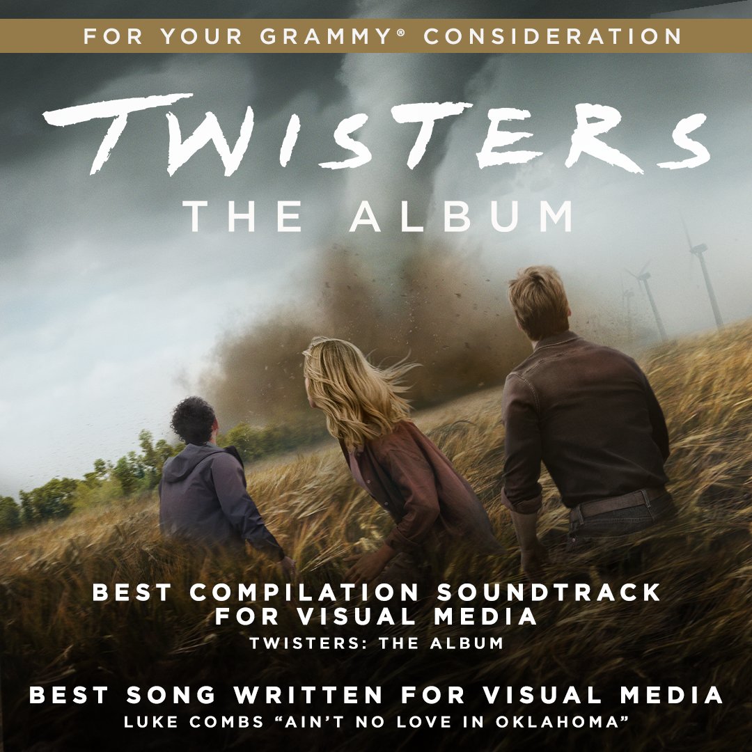 For Your GRAMMY® Consideration, Twisters: The Album - the star-studded musical companion to <a href="/Twistersmovie/">Twisters</a> featuring <a href="/lukecombs/">Luke Combs 🎤</a> "Ain't No Love In Oklahoma" 🌪️