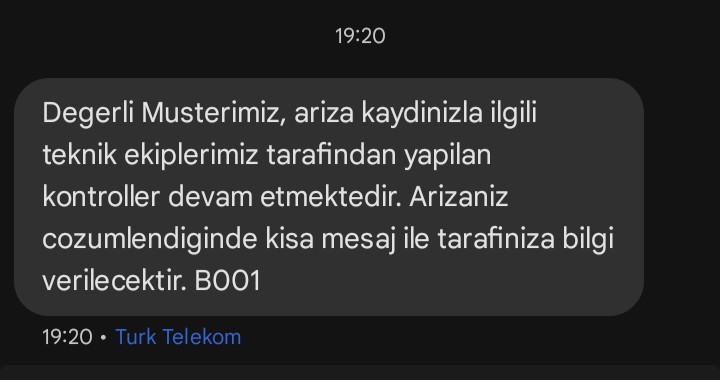 14.09.2024 tarihinde bi' arıza kaydı açmıştım hatırlarsanız millet, <a href="/TurkTelekom/">Türk Telekom</a>'un "biz çözemiyoruz arızanızı, bulunduğunuz yerden de firmamız kâr edebileceğini düşünmediği için siz ya böyle arızayla devam, ya da interneti kapatatıp yallah" adlı çalışması.
