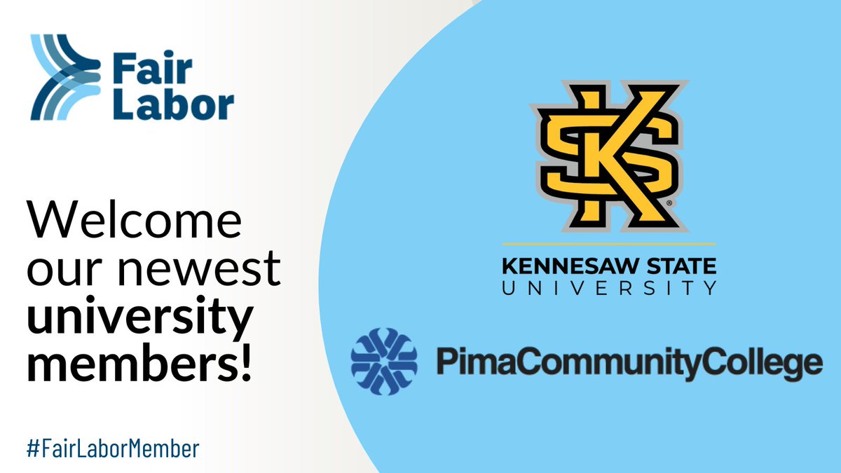 Fair Labor Association (@fairlaborassoc) on Twitter photo We’re excited to welcome <a href="/kennesawstate/">Kennesaw State University</a> and <a href="/pimatweets/">Pima Community College</a> as #FairLaborMember(s)!
By becoming part of our University Caucus, they are both committing to fair labor standards and human rights wherever their branded merchandise is produced. Learn more: fairlabor.org/members/colleg… We’re excited to welcome <a href="/kennesawstate/">Kennesaw State University</a> and <a href="/pimatweets/">Pima Community College</a> as #FairLaborMember(s)!
By becoming part of our University Caucus, they are both committing to fair labor standards and human rights wherever their branded merchandise is produced. Learn more: fairlabor.org/members/colleg…