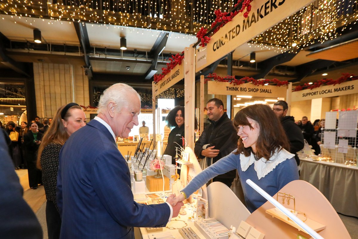 BatterseaPwrStn's tweet photo. We were delighted to welcome His Majesty King Charles III to Battersea Power Station today to experience the riverside neighbourhood’s festive offering, meeting with members of the local community and small business owners taking part in the Curated Makers Christmas Market. https://t.co/di51sOCNgf