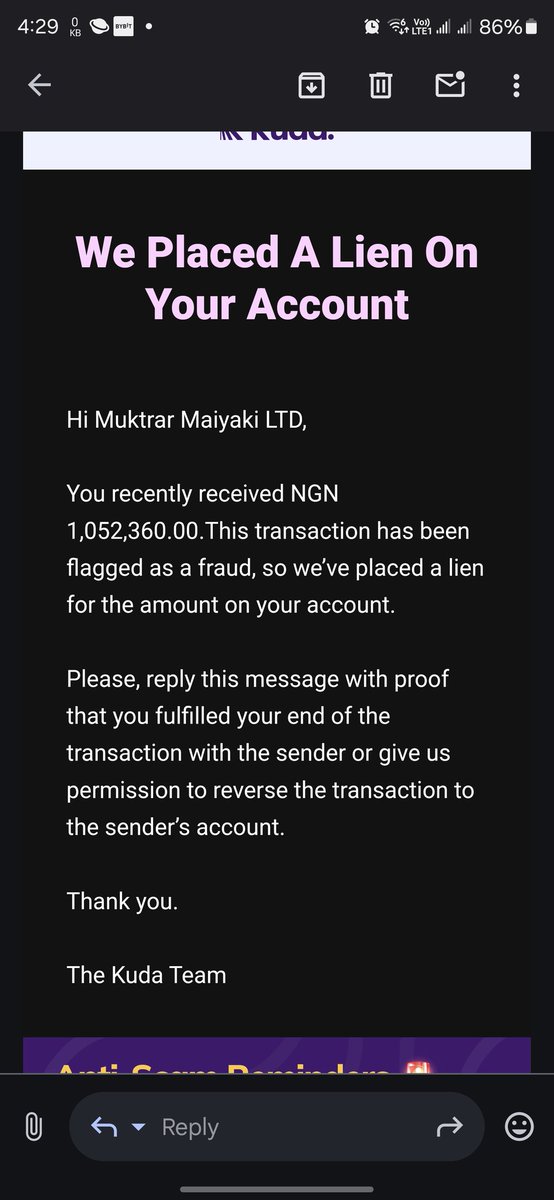 maiyaki_muktar's tweet photo. Kuda placed a lien on my account since November 28th, I was asked to provide proof that I fulfilled my end of the transaction, which I did, the lien haven't been lifted till now and it has been 2 weeks since I provided the document, they said the transaction from access bank https://t.co/0l6ElGUCCk