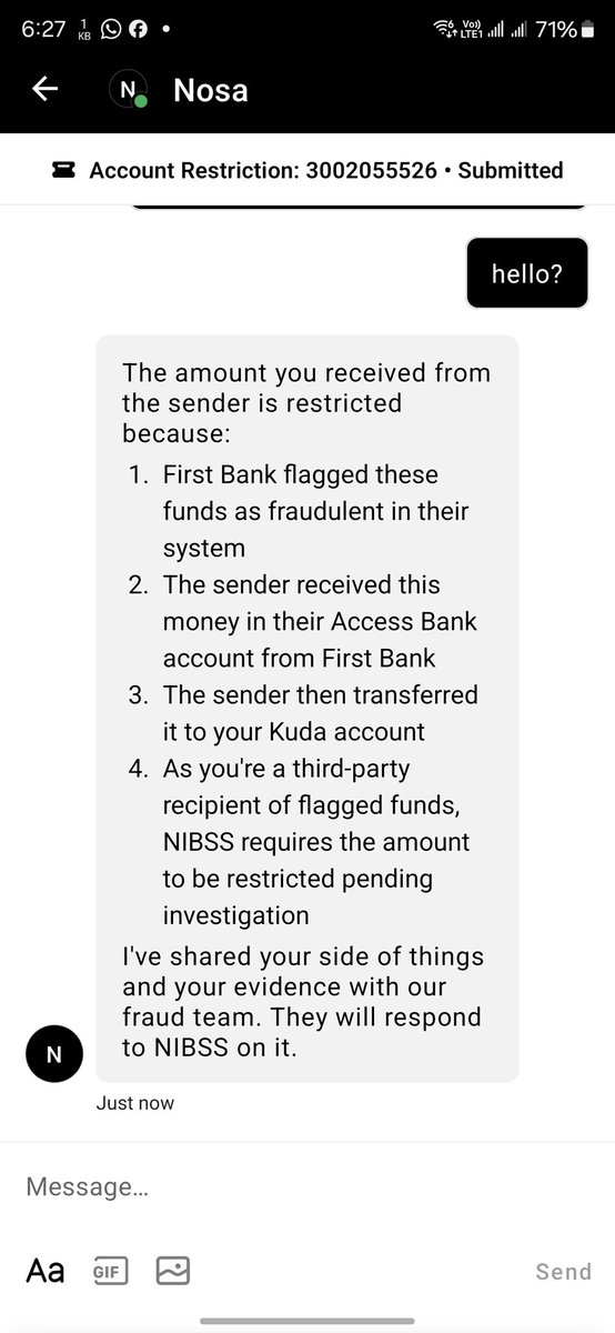 maiyaki_muktar's tweet photo. Kuda placed a lien on my account since November 28th, I was asked to provide proof that I fulfilled my end of the transaction, which I did, the lien haven't been lifted till now and it has been 2 weeks since I provided the document, they said the transaction from access bank https://t.co/0l6ElGUCCk
