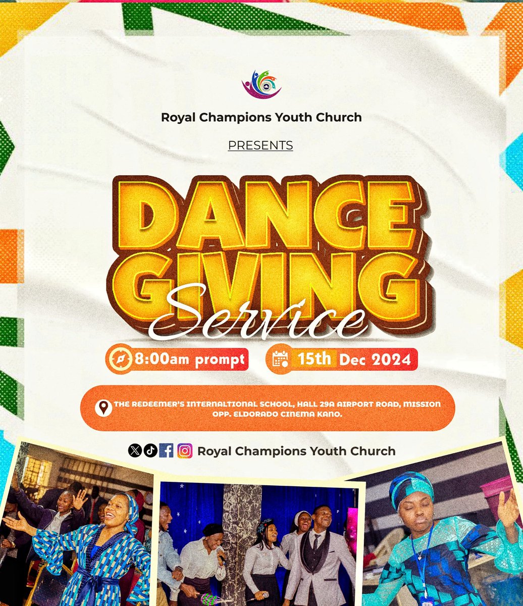 rcycparish's tweet photo. GET READY TO DANCE🎉🎉🎉!!!! Join us for our Dance Giving Service on Dec 15th, 
    ⏳8am prompt at,
    📌 Airport Road, Kano.
 Praise, worship, and dance into the holiday season with us! #DanceGivingService #RCCG #KanoChurch #PraiseAndWorship
#rcyc #Champions https://t.co/SIU1NsRWse