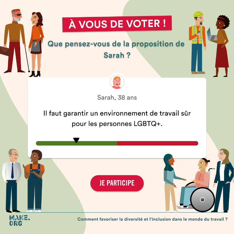 Make_org's tweet photo. 📣 54 % des salariés ont déjà subi une discrimination au #travail.
https://t.co/Sr6ZiTLT8q, #AvecFrance Travail, lance la consultation citoyenne pour un monde professionnel plus  #inclusif et respectueux de toutes les formes de diversités. Partagez vos idées, donnez votre avis !