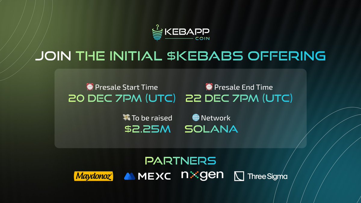 KebAppCoin's tweet photo. 🔥🥙 Kebabers, the Grill is Hot! 🥙🔥

The long wait is finally over! We’re fired up to announce our ICO—no, scratch that—our IKO (Initial $KEBABS Offering)! 🚀🍢

📅 Mark the Date: December 20th
💰 Get Your SOLANA or USDT Ready

Don’t let this juicy opportunity slip through your fingers! These $KEBABS will be sizzling fast and selling out quicker than a döner at midnight. 🌯💨

🕹️ Grab your $KEBABS before they’re all devoured!

Let’s make December the tastiest month of the year! 🎉🥳