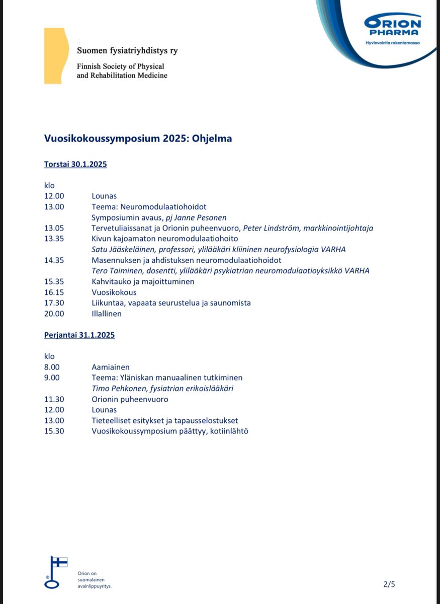 Jäsenistön vuosikokoussymposium huipputason luennoitsijoiden kera Tuohilammella 30.1.-31.1.2025. Ilmoittautumisohjeet jäsenpostissa! Kiitos jälleen yhteistyöstä <a href="/OrionPharma/">Orion Pharma</a> !