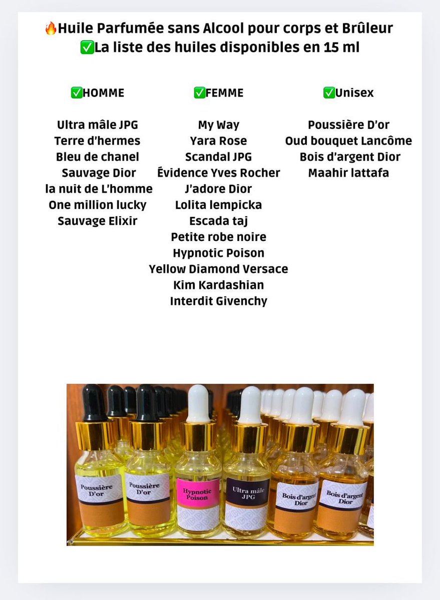 AstoutStore's tweet photo. Huile de parfums sans alcool🤍💕

Prix  🏷️ :

15 ml : 3500frs
30 ml: 6000frs 

#rtapprecié https://t.co/6gqwCretRe