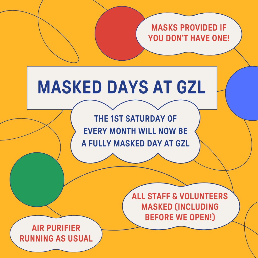 🟢 MASKED DAYS AT GZL 🔵

From January the first Saturday of the month will be a fully masked day at GZL. As part of our ongoing commitment to being an accessible venue we are working alongside the Covid Action Network to reintroduce Covid safety measures at the Library.