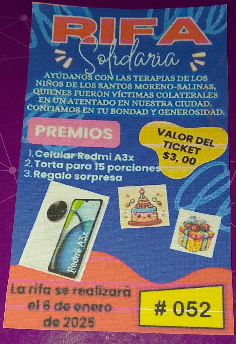 Está rifa la están haciendo los papás de unos niños de 6 y 8 años alcanzados por balas perdidas en su barrio cuando salían de la escuela. La rifa la hacen para poder operar a uno de los niños. 

Lo que los ecuatorianos tenemos hoy es la certeza de que el país les queda grande!