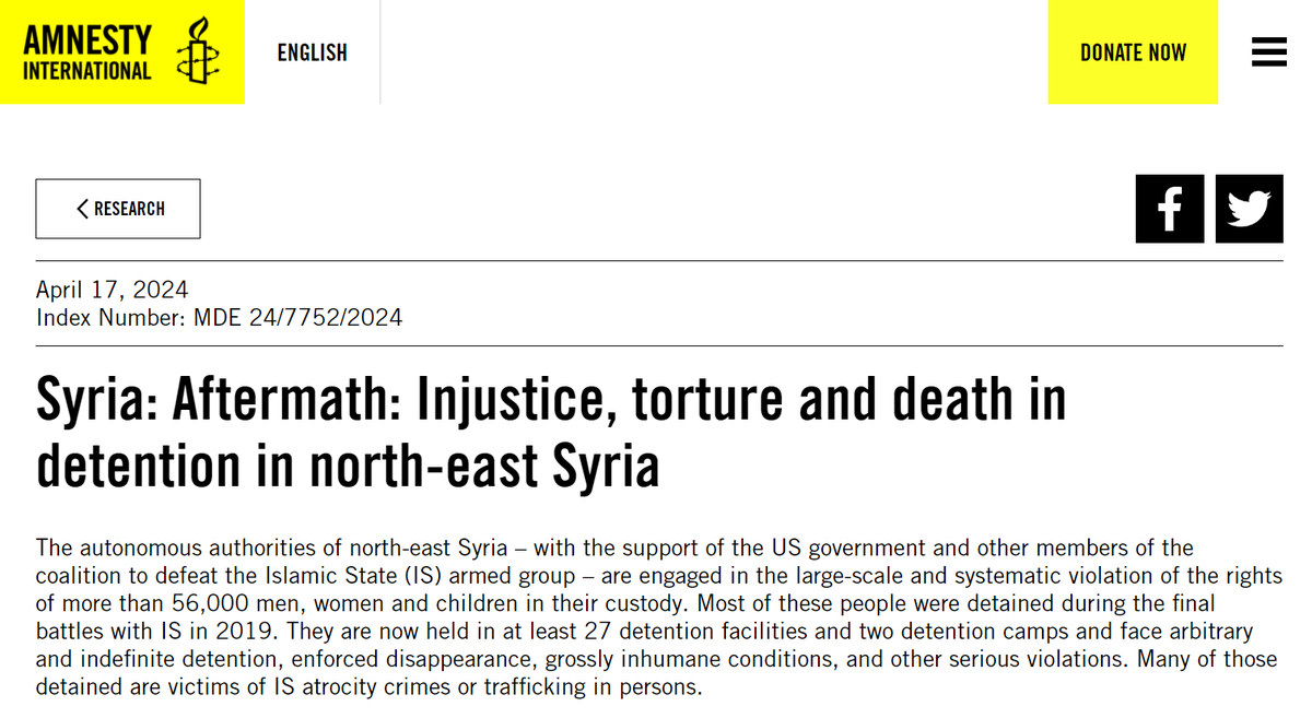 TheGreeneBJ's tweet photo. There's been a lot of talk of the conditions of government prisons in Syria, but less about sprawling network of US run prisons in northern Syria where  50,000 men women and children are kept in abhorrent conditions.

Amnesty released a major report in April. 

IT'S STILL THERE https://t.co/tCGL9oSYaT